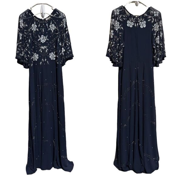 ASOS- Women’s Navy Blue Floor Length Embellished Dress Flutter Sleeve, Size 12 - Picture 2 of 16